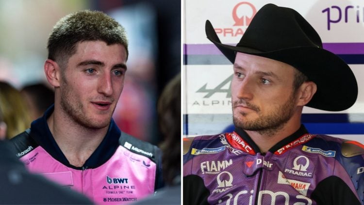 Split image as Jack Doohan of Australia and Alpine F1 Team speaks in the media pen during the F1 Grand Prix of China, and Jack Miller (43) of Austr...