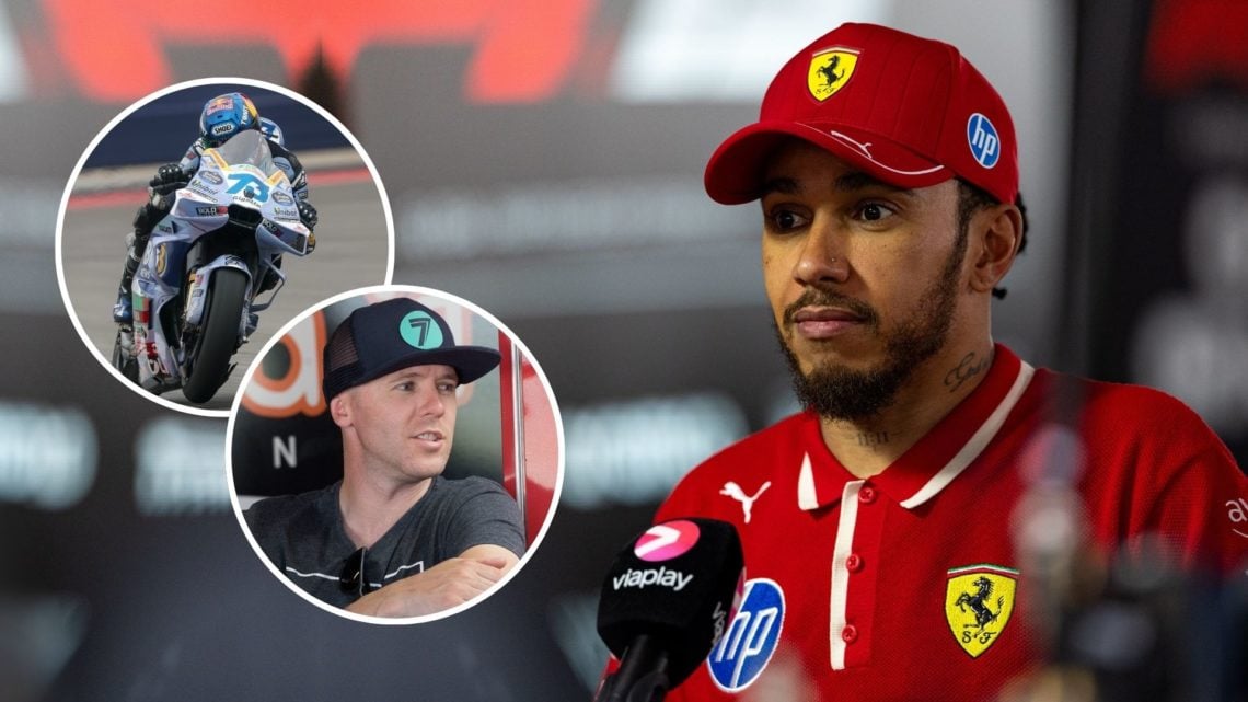 Lewis Hamilton of Great Britain and Ferrari speaks in the media pen during the F1 Grand Prix of China. Inset, Michael Laverty and Alex Marquez.