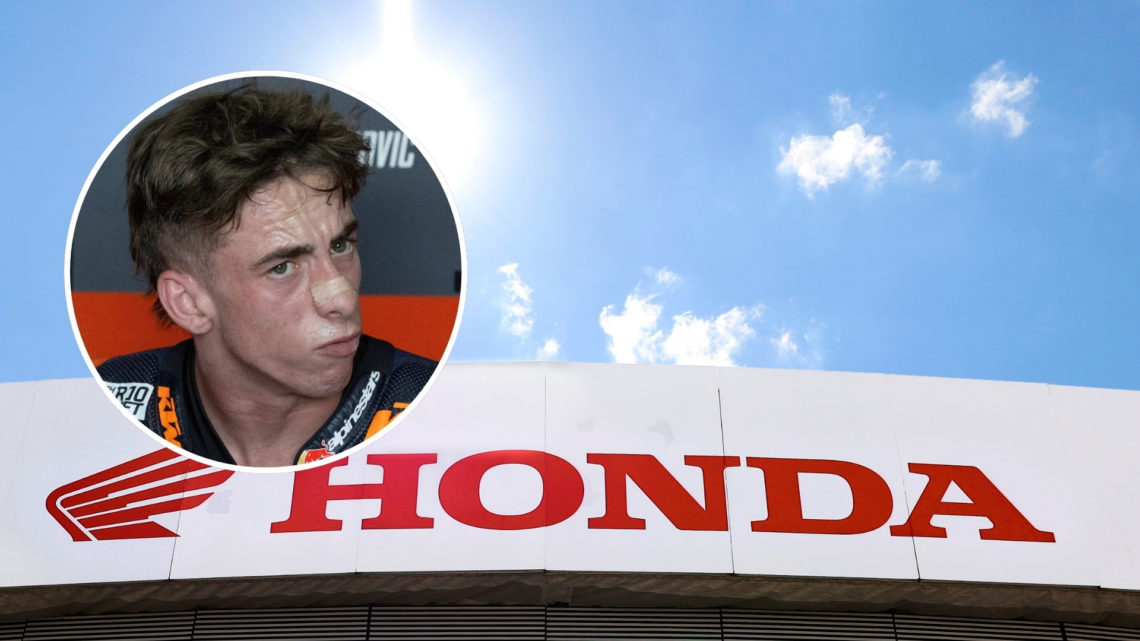 Honda logo at Motorland Aragon Circuit on September 18, 2022 in Alcaniz, Spain with an inset of Pedro Acosta of Spain and Red Bull KTM Factory Raci...