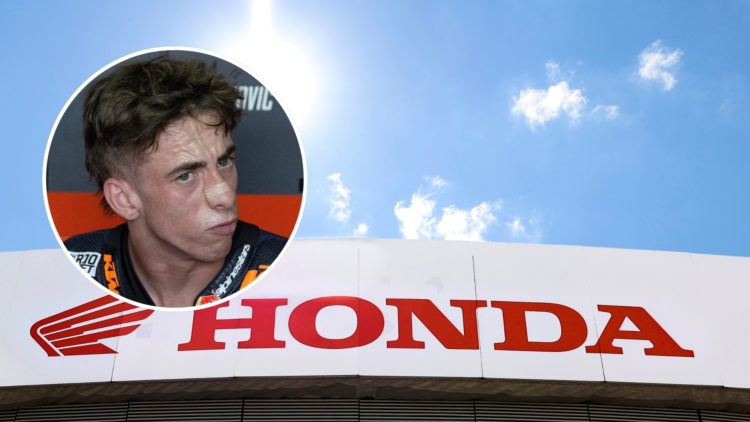 Honda logo at Motorland Aragon Circuit on September 18, 2022 in Alcaniz, Spain with an inset of Pedro Acosta of Spain and Red Bull KTM Factory Raci...