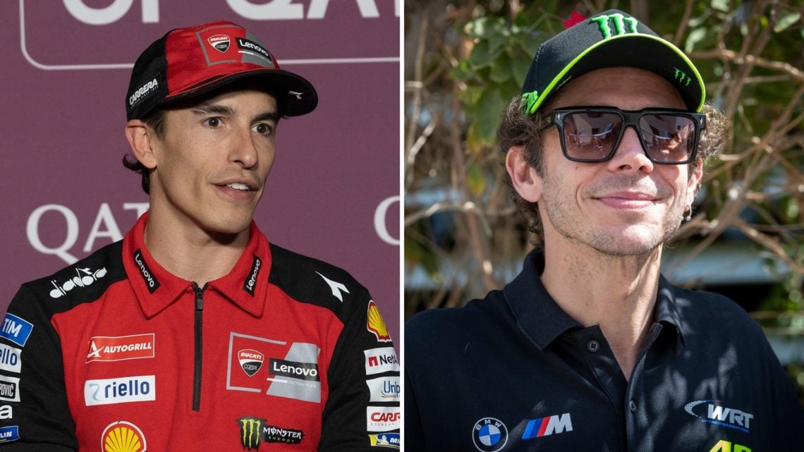 Split image of Marc Marquez of Spain and Ducati Lenovo Team speaks during the press conference pre-event during the MotoGP Of Qatar and Valentino R...