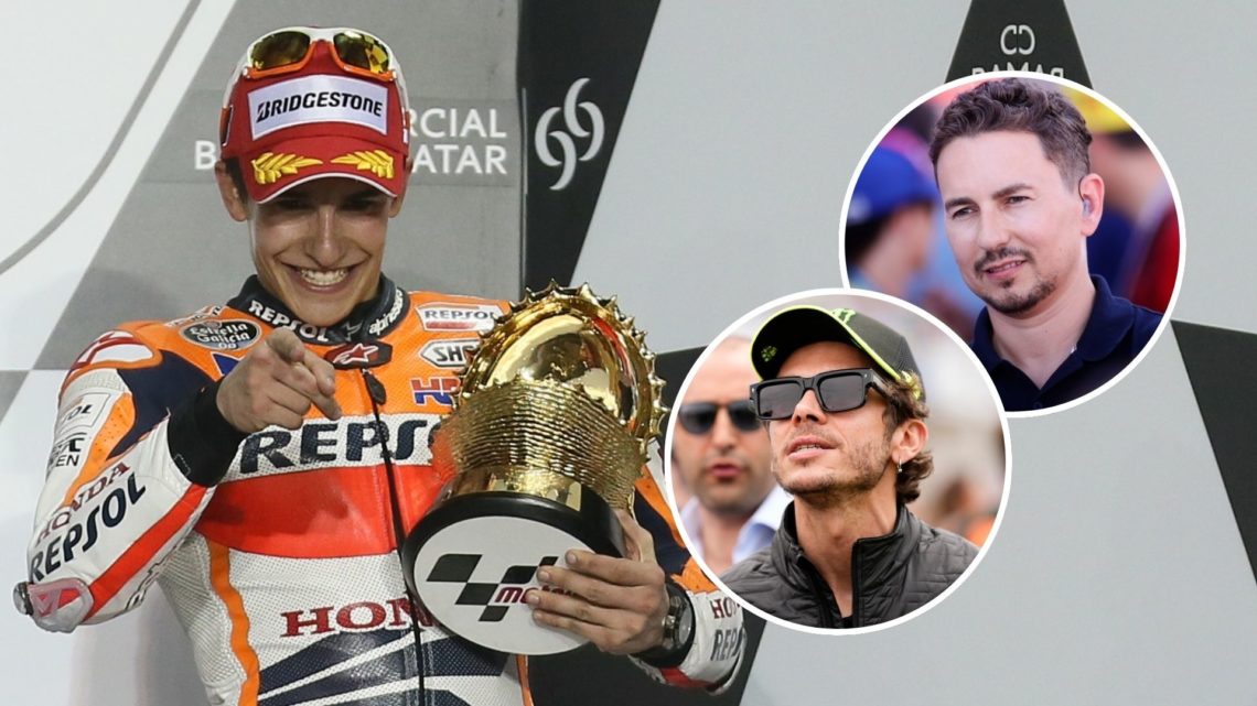 Repsol Honda's rider Marc Marquez of Spain celebrates on the podium after coming thrid in the final of the MotoGP race. Inset, Jorge Lorenzo and Va...