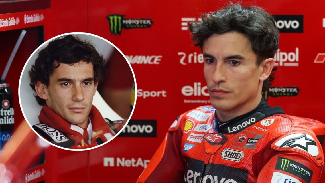 Marc Marquez (93) of Spain and Ducati Lenovo Team readies to put his helmet on in the garage before the MotoGP Red Bull Grand Prix. Inset, Ayrton S...