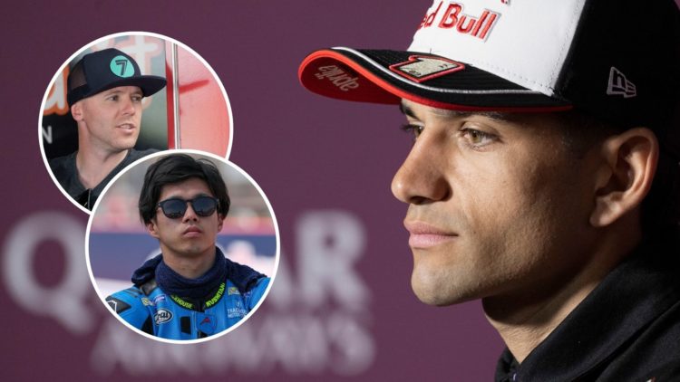 Aprilia rider Jorge Martin talks to the media in Qatar. Insets, Michael Laverty in the Ducati garage and Trackhouse rider Ai Ogura on the Americas ...