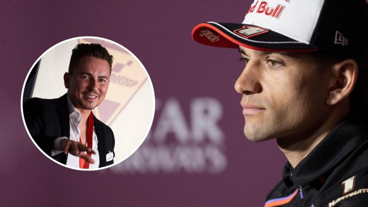 Jorge Martin of Spain and Aprilia Racing looks on during the press conference pre-event during the MotoGP Of Qatar. Inset, Jorge Lorenzo.