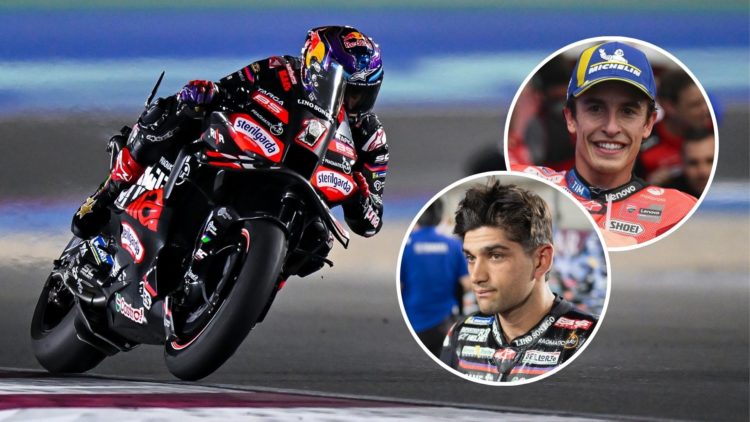Spanish MotoGP rider Jorge Martin of Aprilia Racing competes in the final race during the Qatar Airways Motorcycle Grand Prix. Inset, Jorge Martin ...
