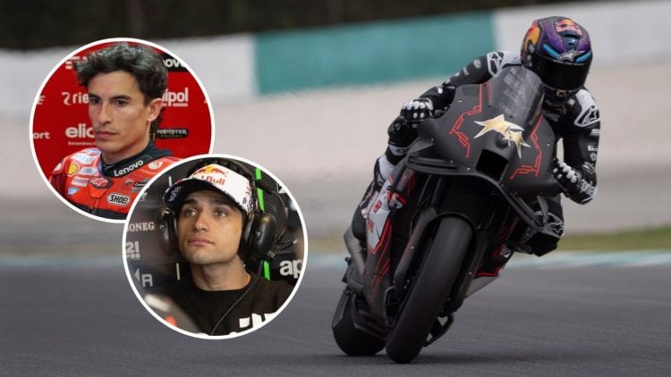 Jorge Martin of Spain and Aprilia Racing heads down a straight during the Malaysia MotoGP Test. Inset, Jorge Martin and Marc Marquez.