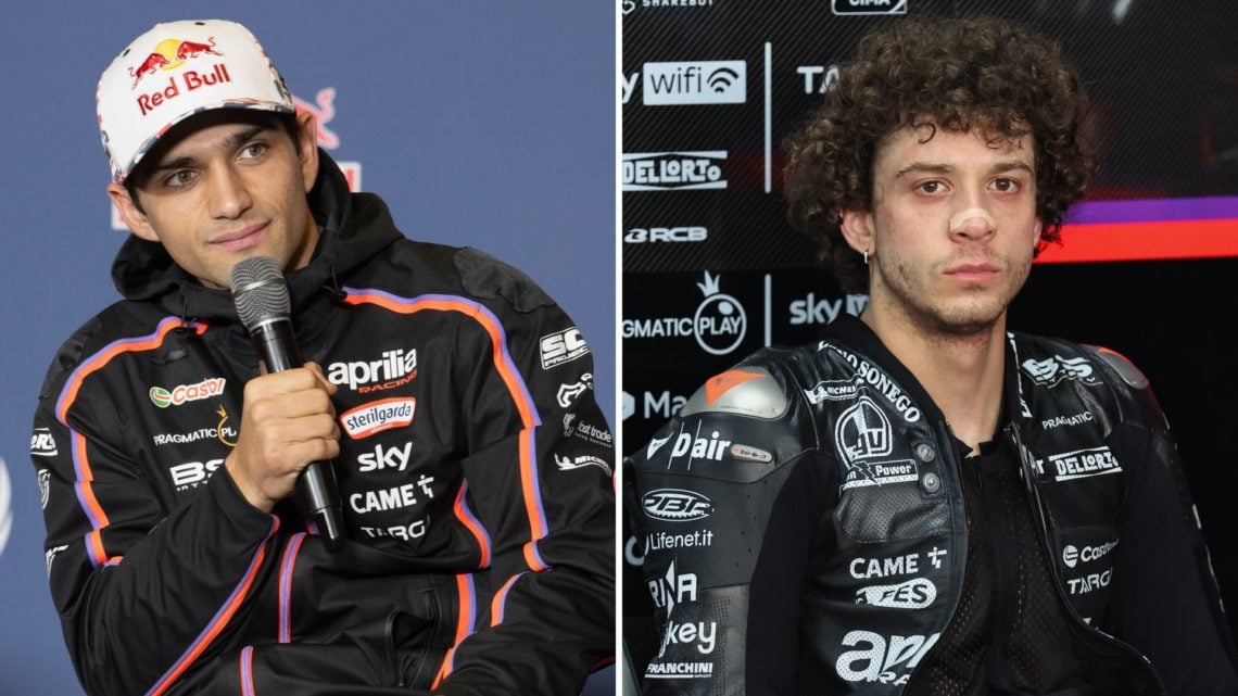 Split of Jorge Martin speaking to the press, and Marco Bezzecchi before a race.