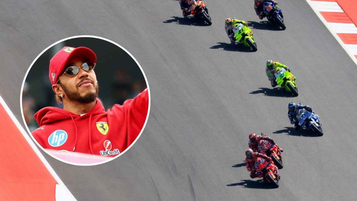 Racers speed through the third turn during the Tissot Sprint Race at the MotoGP Red Bull Grand Prix of the Americas. Inset, Lewis Hamilton.