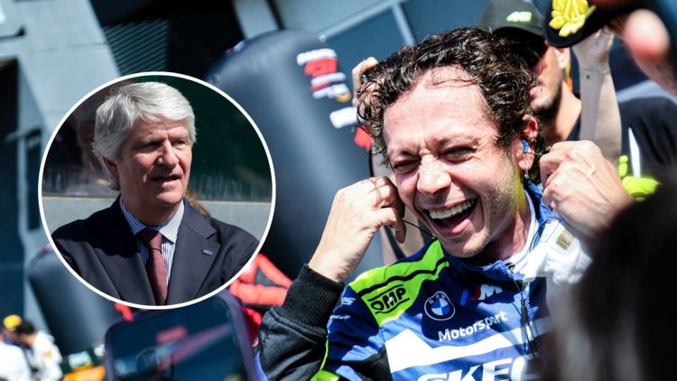 Valentino Rossi of Team WRT, BMW M4 GT3, is enjoying victory during the Fanatec GT World Challenge. Inset, Jorge Viegas.