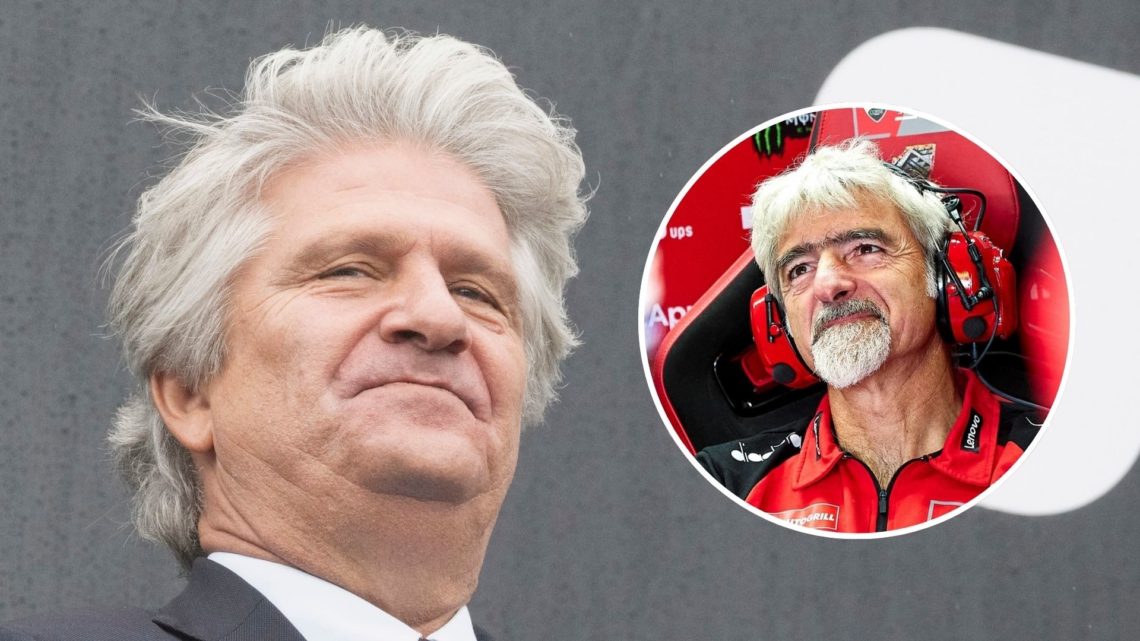 FIM president Jorge Viegas on the 2023 MotoGP Australian Grand Prix podium. Inset, Ducati team principal Luigi Dall'Igna watches on from the garage...