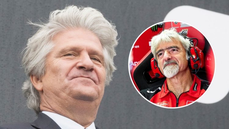 FIM president Jorge Viegas on the 2023 MotoGP Australian Grand Prix podium. Inset, Ducati team principal Luigi Dall'Igna watches on from the garage...