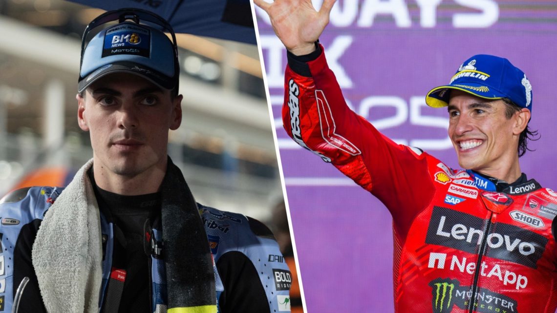 Gresini rider Fermin Aldeguer prepares for the 2025 Grand Prix of Qatar and Ducati rider Marc Marquez celebrates winning at Lusail.