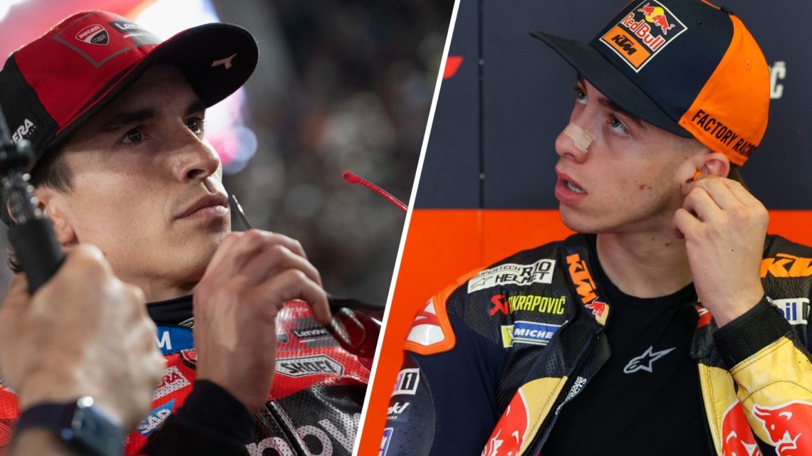 Split image of Ducati rider Marc Marquez on the grid before a race and KTM rider Pedro Acosta in the garage