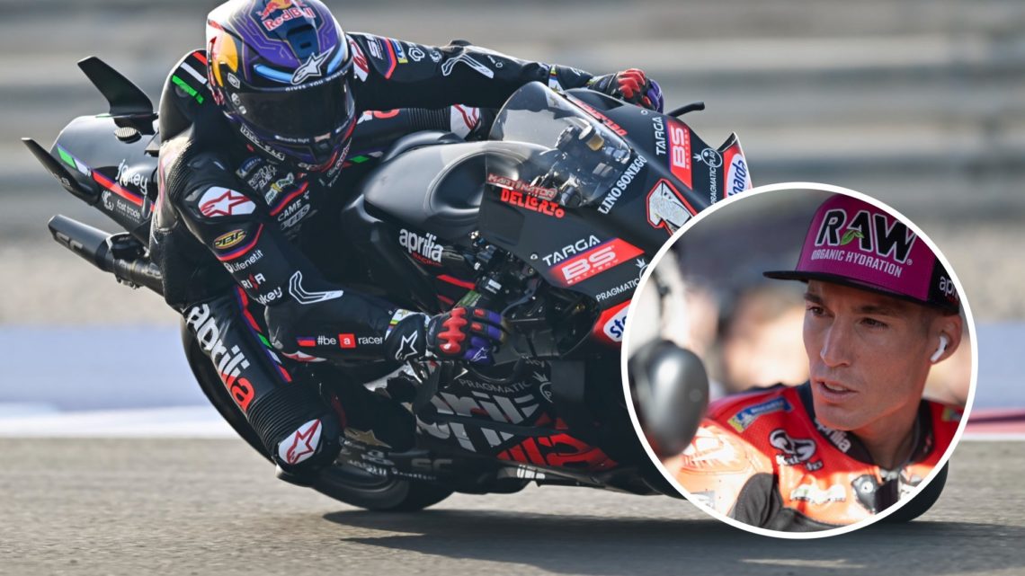 Aprilia rider Jorge Martin in action at the 2025 MotoGP Grand Prix of Qatar with an inset of Aleix Espargaro in Barcelona