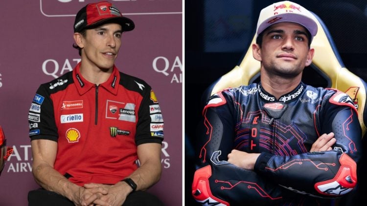 Split image of Ducati rider Marc Marquez in a MotoGP press conference and Aprilia rider Jorge Martin sitting in the garage