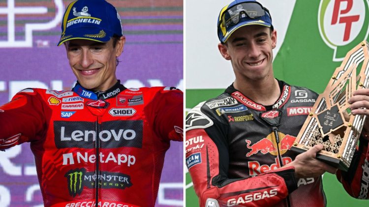 Split image showing Ducati rider Marc Marquez and KTM rider Pedro Acosta, both celebrating on the MotoGP podium