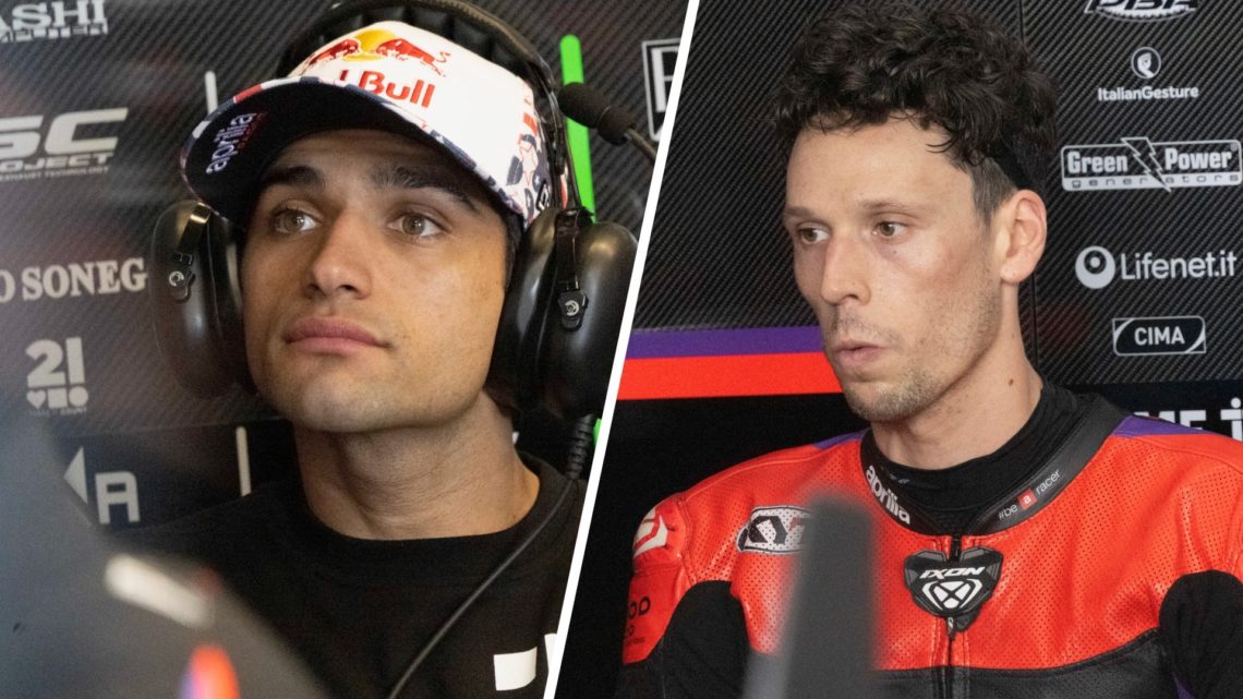 Split image of Jorge Martin (L) and Lorenzo Savadori (R) in the Aprilia garage