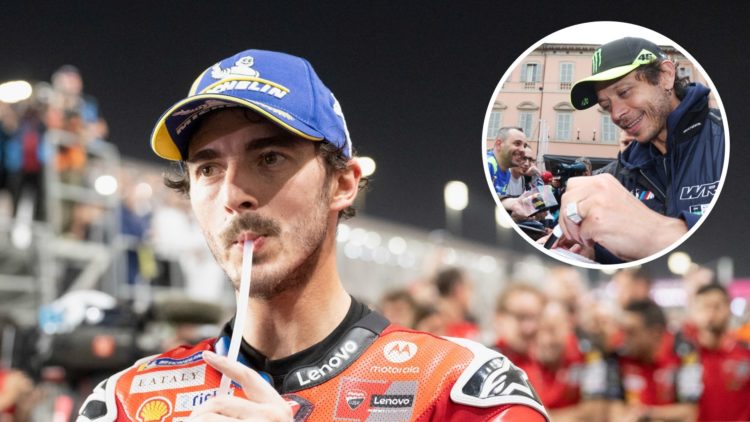 Ducati rider Francesco Bagnaia on the 2025 MotoGP Grand Prix of Qatar grid with an inset of Valentino Rossi