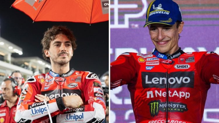 (Left) Ducati rider Francesco Bagnaia looks on before the Qatar Grand Prix and (right) Marc Marquez celebrates on the podium