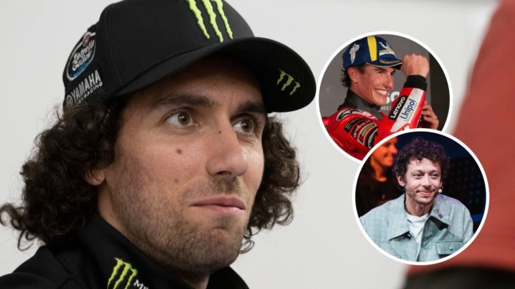 Image of Yamaha rider Alex Rins looking on with an inset of Marc Marquez celebrating and Valentino Rossi smiling