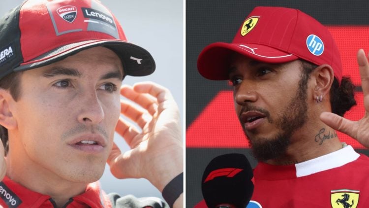 Split image of Ducati rider Marc Marquez looking on and Ferrari Formula 1 driver Lewis Hamilton in an interview