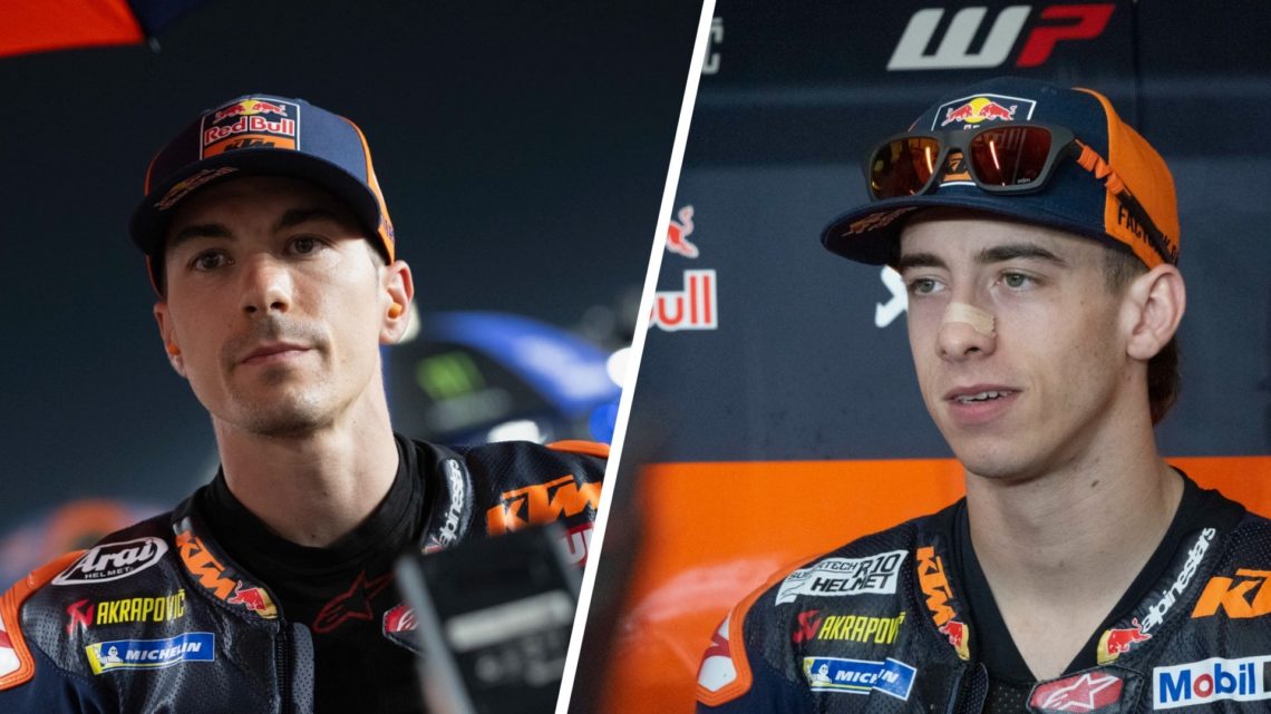 Split image of Tech3 rider Maverick Vinales (L) and KTM rider Pedro Acosta (R)