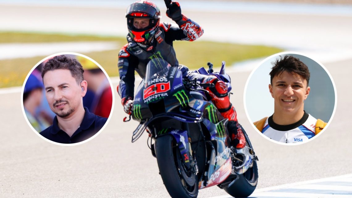 Image of Yamaha rider Fabio Quartararo celebrating Spanish Grand Prix with insets of Jorge Lorenzo and Formula 1 driver Isack Hadjar smiling