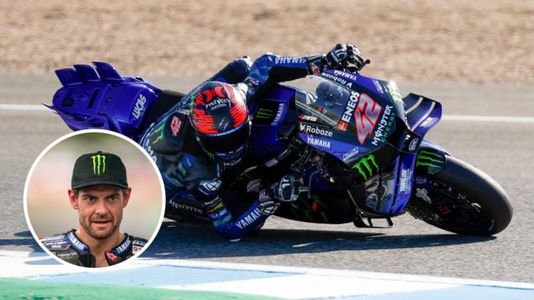 Image of Yamaha rider Alex Rins on track at the Spanish Grand Prix with an inset of Cal Crutchlow looking on