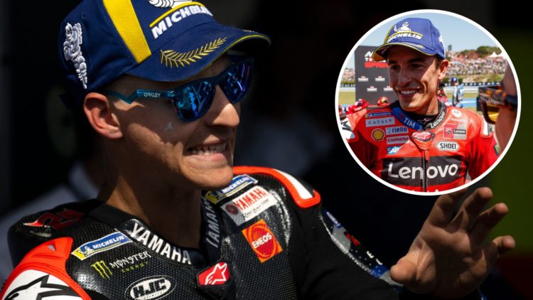Yamaha rider Fabio Quartararo reacts after scoring pole for the 2025 MotoGP Grand Prix of Spain and Ducati rider Marc Marquez celebrates winning th...