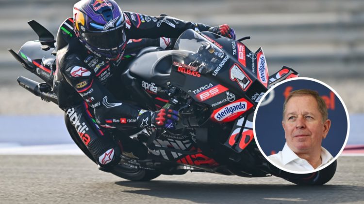 Image of Aprilia rider Jorge Martin in action at the Qatar Grand Prix with an inset of Martin Brundle