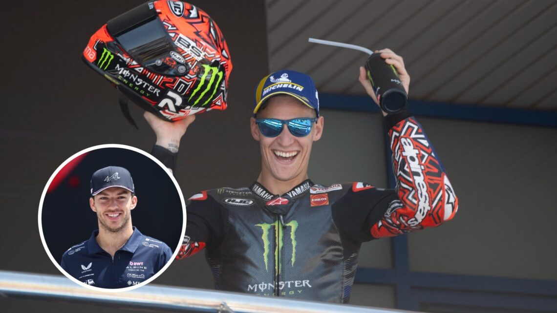 Image of of Yamaha rider Fabio Quartararo celebrating on the Spanish Grand Prix podium with an inset of Alpine F1 driver Pierre Gasly smiling