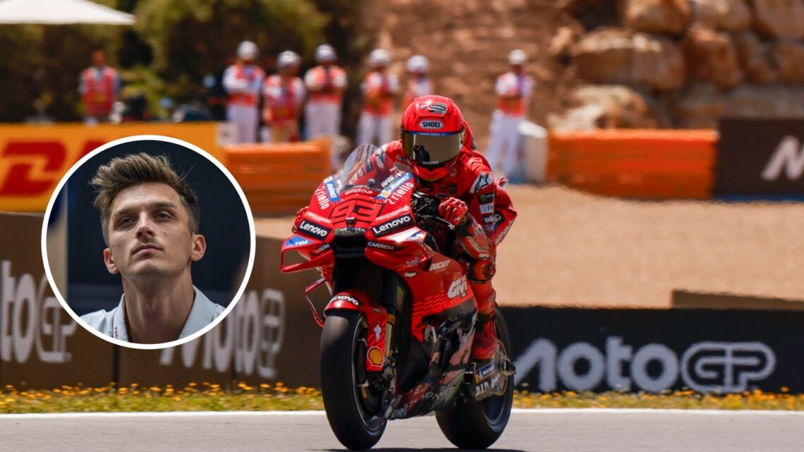 Image of Marc Marquez riding his Ducati MotoGP bike at the Spanish Grand Prix with an inset of Luca Marini in an interview