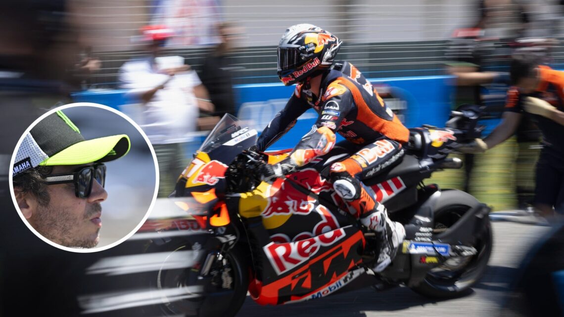 Image of KTM rider Pedro Acosta on the MotoGP grid with an inset of VR46 owner Valentino Rossi looking on