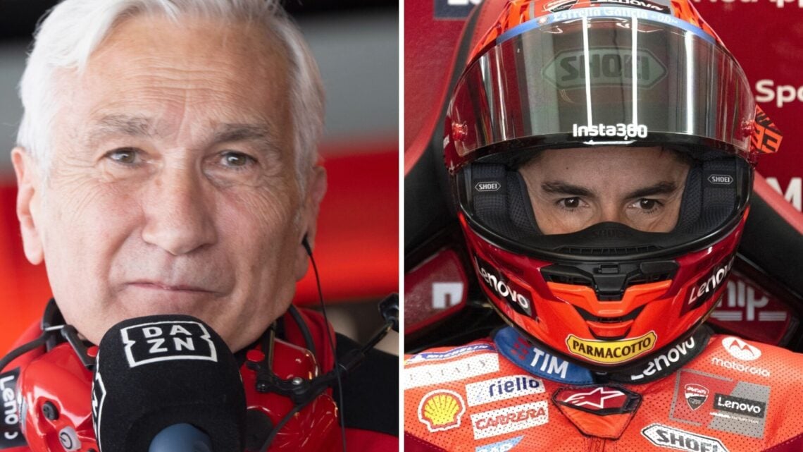 Split image of Ducati manager Davide Tardozzi being interviewed and Marc Marquez looking on while wearing his helmet
