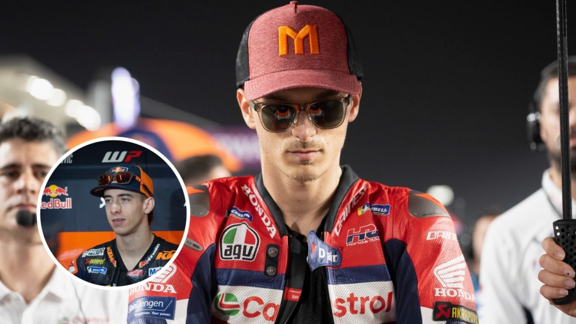 Honda rider Luca Marini prepares for the Qatar Grand Prix; inset of KTM rider Pedro Acosta in the garage.