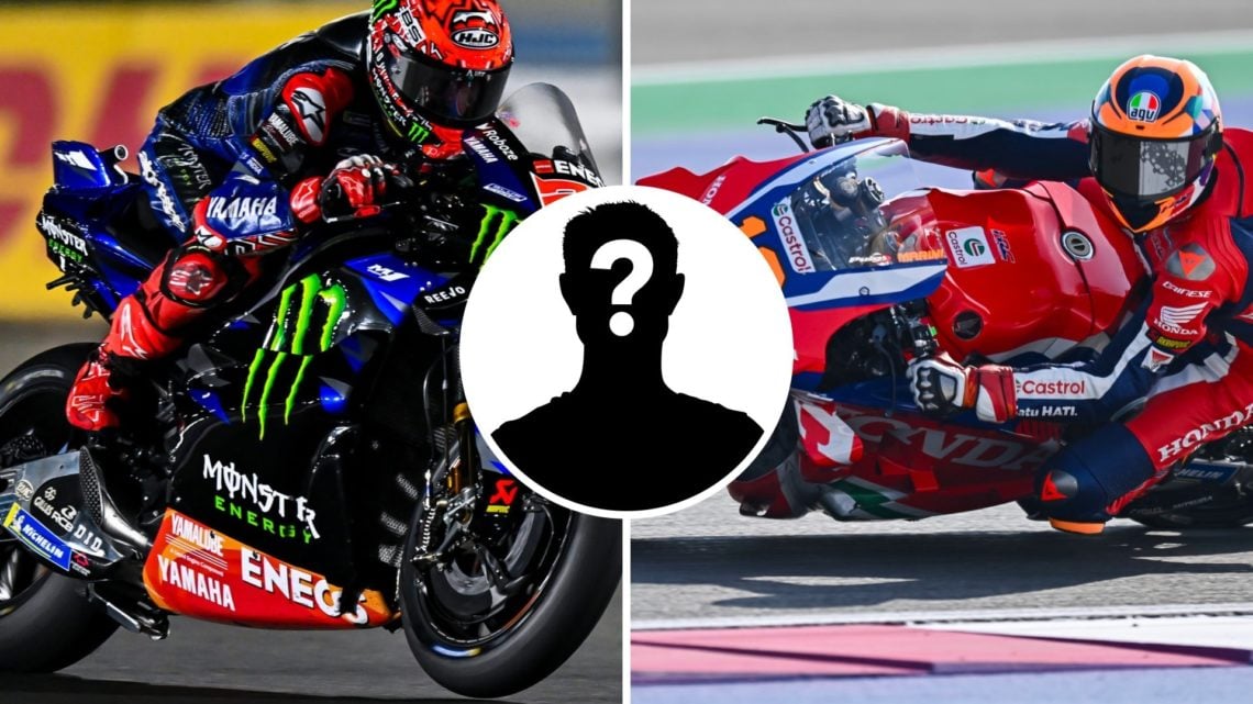 Split image of Yamaha and Honda in action at the Qatar Grand Prix with an inset of a mystery rider.