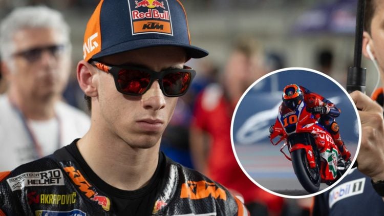 KTM rider Pedro Acosta before the 2025 MotoGP Grand Prix of Qatar with an inset of Honda rider Luca Marini in action.
