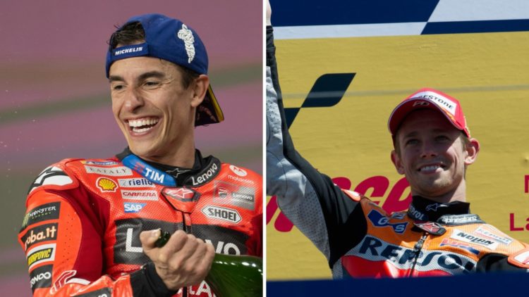 Split image of Ducati rider Marc Marquez celebrating on the podium and former Honda rider Casey Stoner waving to fans