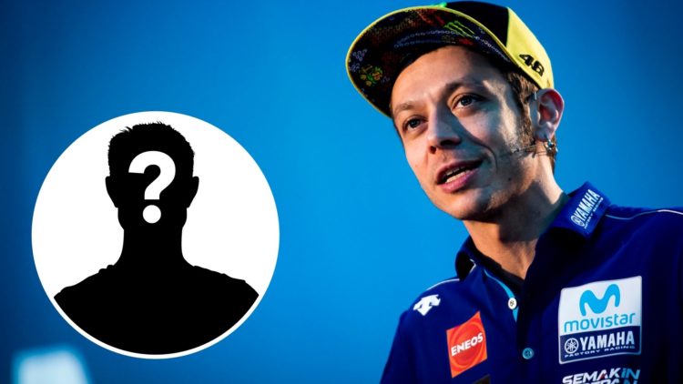 Yamaha rider Valentino Rossi at the 2018 team launch with a mystery person inset.