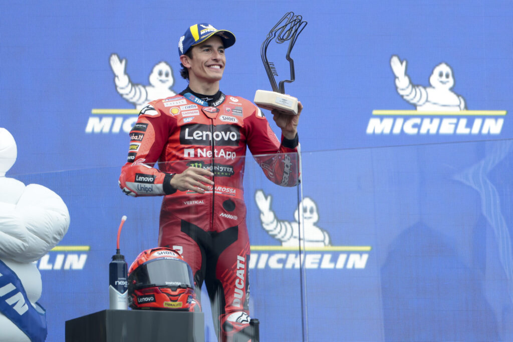 Ducati MotoGP rider Marc Marquez celebrates P2 in the 2025 French Grand Prix at Le Mans