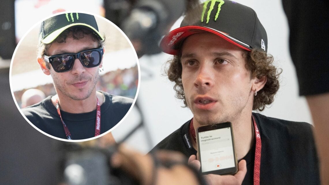 Aprilia rider Marco Bezzecchi at the Buriram circuit in Thailand, inset Valentino Rossi