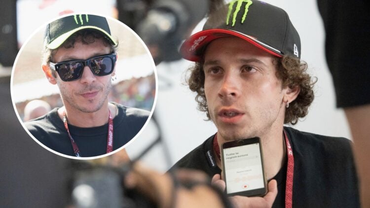 Aprilia rider Marco Bezzecchi at the Buriram circuit in Thailand, inset Valentino Rossi