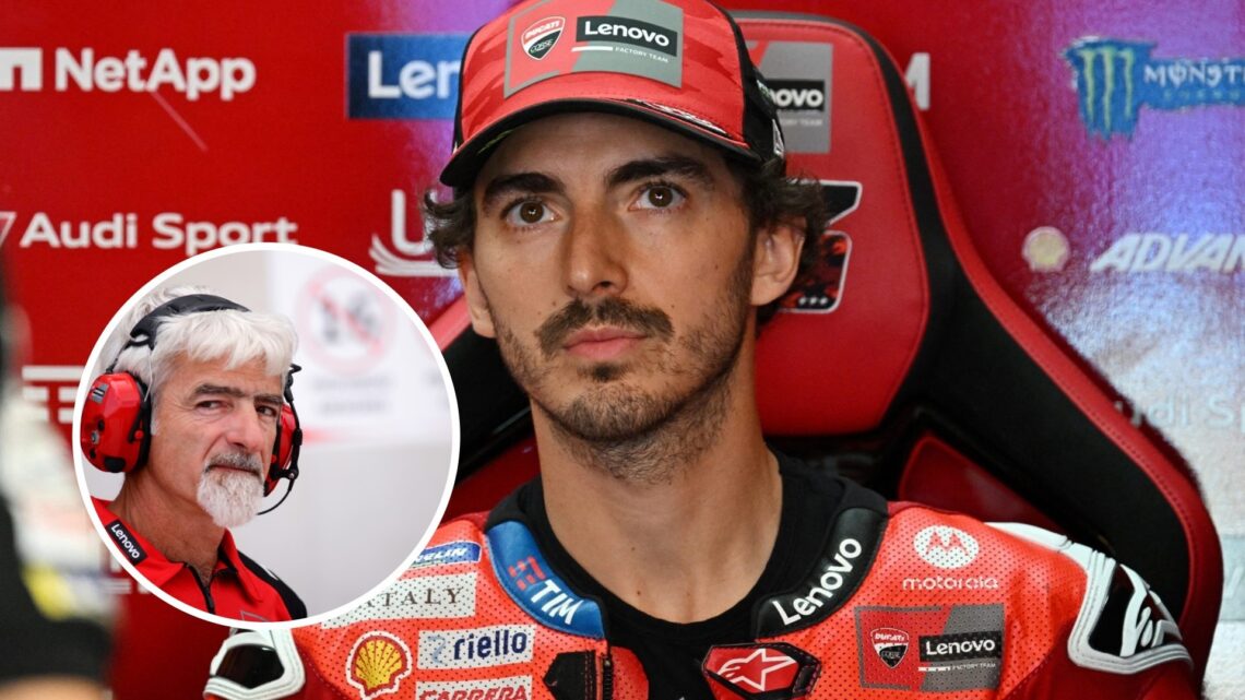Image of Ducati rider Francesco Bagnaia sitting in the garage with an inset of Luigi Dall'Igna