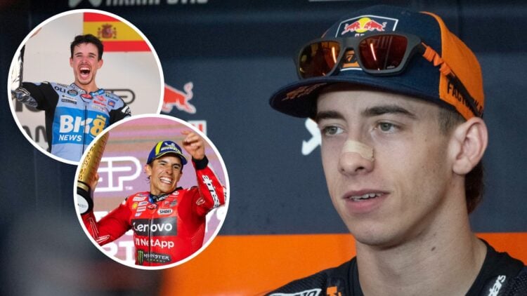 KTM rider Pedro Acosta speaks to the media with insets of Alex Marquez of Gresini and Marc Marquez of Ducati celebrating