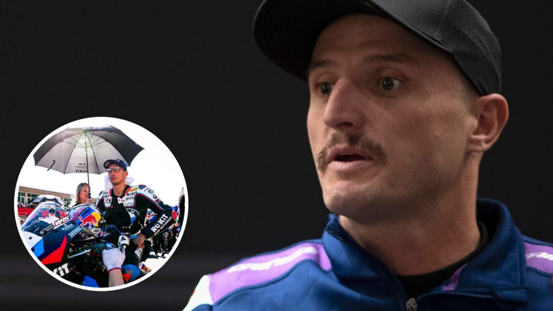Pramac Yamaha MotoGP rider Jack Miller speaks to the media with an inset of BMW World Superbikes champion Toprak Razgatlioglu