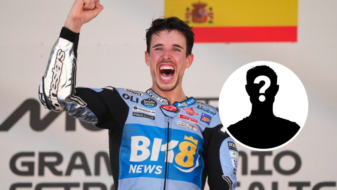 Image of Gresini rider Alex Marquez celebrating on the MotoGP podium with an inset of a mystery rider