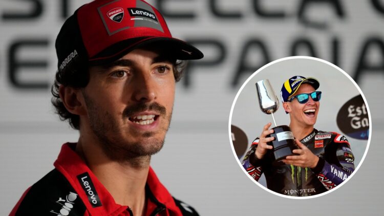 Ducati rider Francesco Bagnaia at the 2025 Grand Prix of Spain, inset Fabio Quartararo