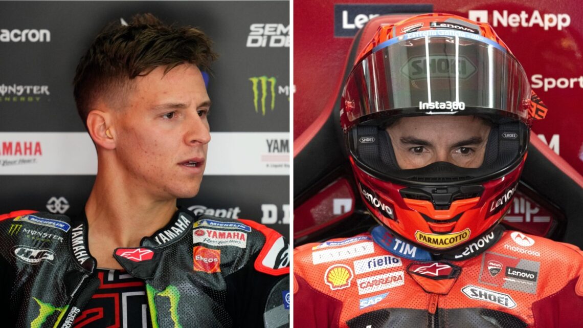 A split image of Yamaha and Ducati riders Fabio Quartararo and Marc Marquez in their garages during qualifying for the 2025 Spanish Grand Prix at J...