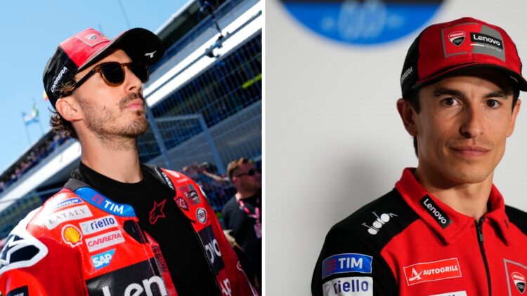 Split image of Ducati rdiers Francesco Bagnaia (L) and Marc Marquez (R)